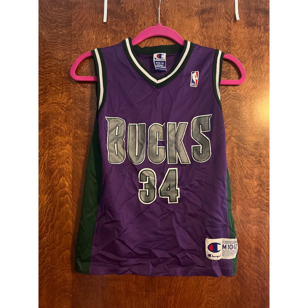 Champion Jersey Kids M 10-12 Purple Good Ray Allen Milwaukee Bucks 34 Vintage